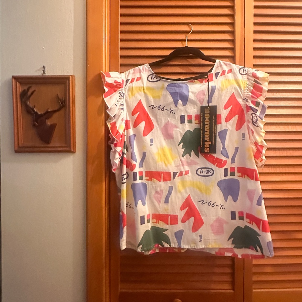 Nooworks NWT Ruffle Top XXL in A-OK by artist Katie Benn / out of print pattern
